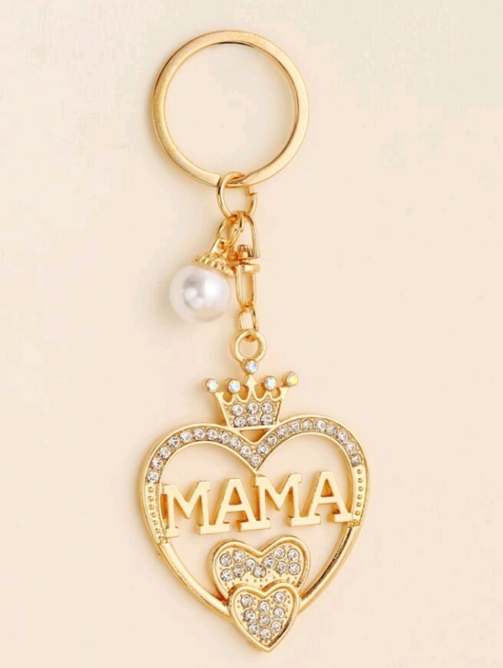 Gold Mama Heart Keychain With Crown And Pearl Charm Bag Accessory Mom Gift